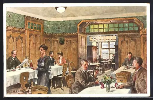 Künstler-AK Rudolf Preuss: Innsbruck, Innenansicht des Weinhaus Happ in der Altstadt