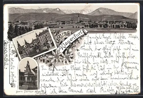 Lithographie Klagenfurt, Lindwurm-Denkmal, Maria Theresia-Monument, Panoramablick auf die Stadt