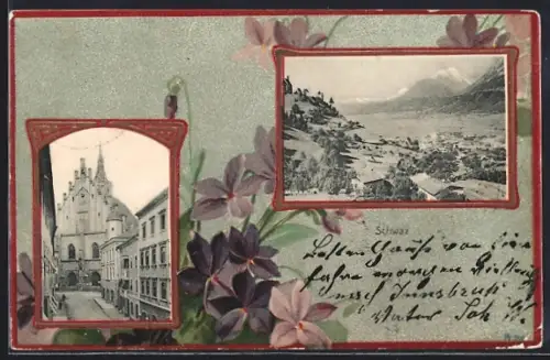 AK Schwaz, Ortsansicht aus der Vogelschau, Strassenpartie