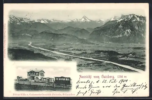 AK Gaisberg, Totalansicht, Privat Villa u. Galanterie-Geschäft Friedr. Pflauder mit Bergbahn