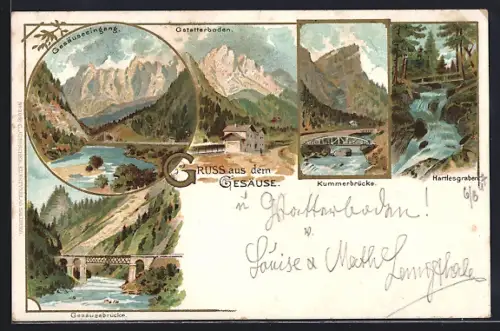 Lithographie Gstatterboden, Ortsansicht, Gesäuseeingang & Brücke, Kummerbrücke, Hartlesgraben