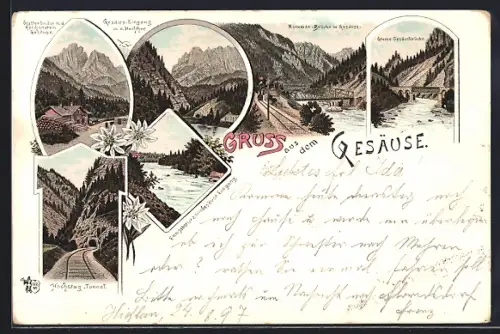 Lithographie Gesäuse, Grosse Gesäusbrücke, Kummer-Brücke, Hochsteg-Tunnel