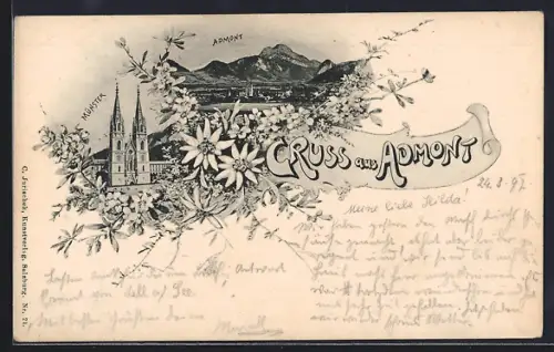 AK Admont, Münster, Ortsansicht aus der Vogelschau