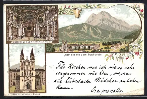 Lithographie Admont, Blasius Münster, Bibliothek des Stiftes, Ortsansicht mit Buchstein