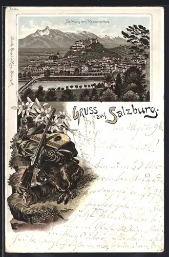 Lithographie Salzburg, erlegtes Gamswild, Blick vom Kapuzinerberg auf den Ort