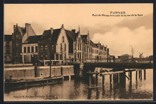 AK Furnes, Pont de Nieuport et coin de la rue de la Gare