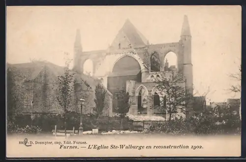 AK Furnes, L`Eglise Ste-Walburge en reconstruction 1902
