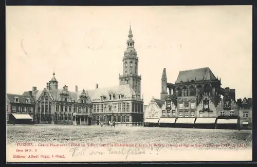 AK Furnes, Grand`Place avec l`Hôtel de Ville 1915, la Châtellenie 1612 et le Beffroi 1624