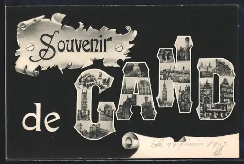AK Gand, Schriftzug mit Burg, Kirche und Denkmal, Passepartout
