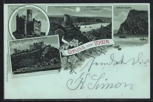 Lithographie St. Goar, Loreley-Felsen, Ruine Festung Rheinfels