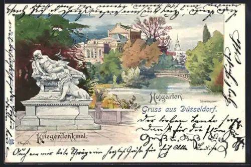 Künstler-AK Düsseldorf, Partie im Hofgarten mit Kriegerdenkmal