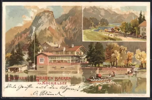 Lithographie Kochel am See, Gasthaus zum Grauen Baeren