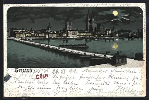 Lithographie Köln, Totalansicht der Stadt, Dampfer