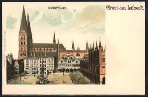 Lithographie Lübeck, Marktplatz mit Denkmal und Kirche aus der Vogelschau