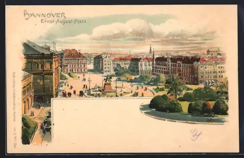 Künstler-Lithographie Hannover, Ernst August-Platz mit Reiterstandbild
