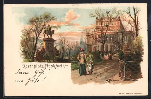 Lithographie Frankfurt /Main, Strassenpartie am Opernplatz