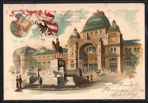 Lithographie Nürnberg, Prinzregenten-Denkmal und der neue Bahnhof, Wappen