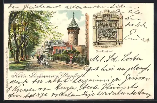 Lithographie Köln-Neustadt, Ulrepforte und Sachsenring, Ulre-Denkmal