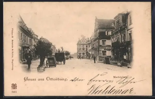 AK Offenburg / Baden, Marktplatz mit Geschäften, Einhorn-Apotheke