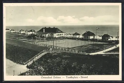 AK Dahme /Ostsee, Tennisplatz und Strandpartie aus der Vogelschau, mit Walltreppe