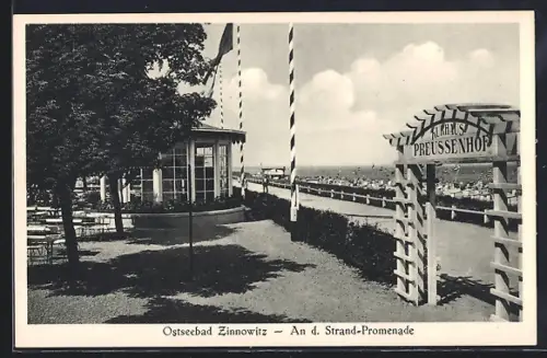 AK Zinnowitz /Ostsee, Torbogen Kurhaus Preussenhof und Strandpromenade mit Glaspavillon u. Strandblick