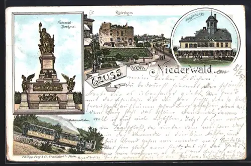 Lithographie Rüdesheim / Rhein, Ortspartie, Niederwald National-Denkmal, Zahnradbahn