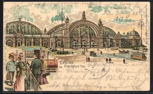 Lithographie Frankfurt a. M., Hauptbahnhof mit Vorplatz u. Strassenbahn, Reisende, Gepäckträger und Schaffner