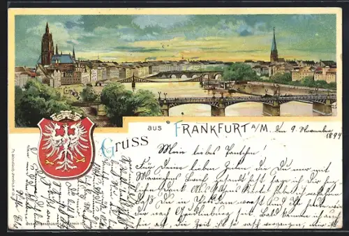 Lithographie Frankfurt a. M., Stadtansicht, Mainbrücke, Dom