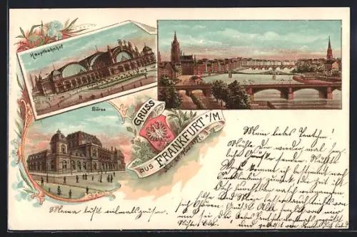 Lithographie Frankfurt /Main, Hauptbahnhof, Börse, Mainansicht