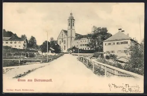 AK Dietramszell, Ortspartie mit Kirche