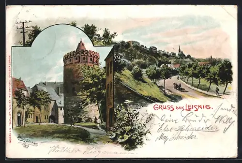 Künstler-AK Erwin Spindler: Leisnig, Turm, Strassenpartie mit Häusern