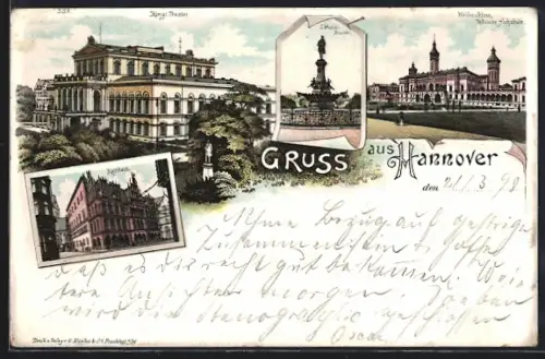 Lithographie Hannover, kgl. Theater, Rathaus, Welfenschloss, technische Hochschule