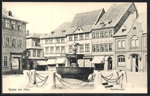 AK Goslar am Harz, Marktbrunnen und Geschäfte