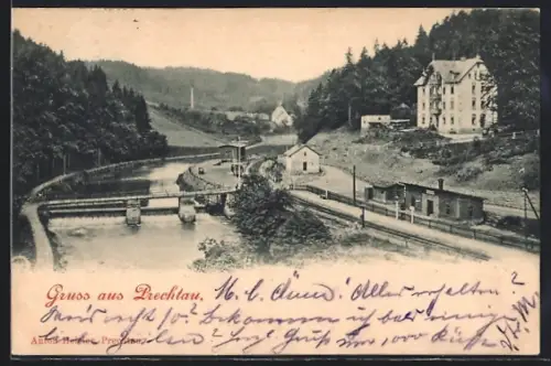 AK Wolkenstein /Erzgeb., Prechtau, Flossplatz mit Brücke und Gebäuden aus der Vogelschau, Panorama