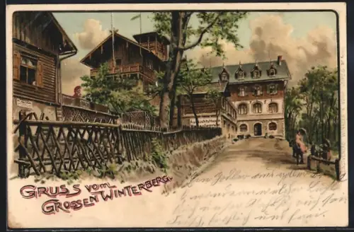 Lithographie Winterberg / Sächs. Schweiz, Hotel auf dem grossen Winterberg mit Zufahrt und Aussichtsturm