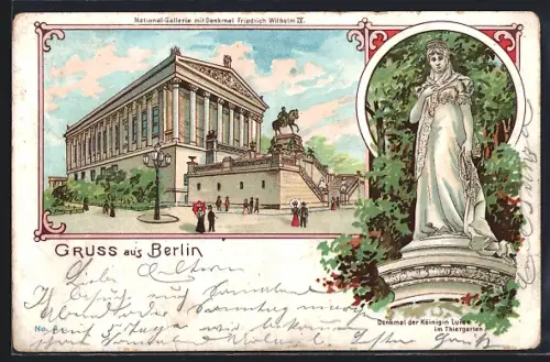 Lithographie Berlin, National-Galerie mit Denkmal Friedrich Wilhelm IV., Denkmal Königin Luise im Tiergarten