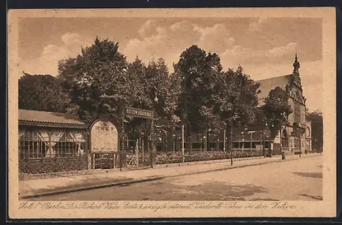 AK Berlin-Tiergarten, Gaststätte Zelt 1 R. Weise, Strasse mit Plakattafel und Portal, Gebäude mit Ziergiebel