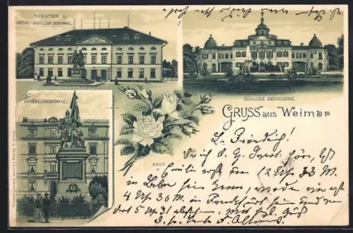 Lithographie Weimar / Thüringen, Schloss Belvedere, Theater u. Göthe-Schiller Denkmal