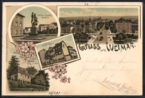 Lithographie Weimar / Thüringen, Schillerhaus, Goethehaus im Park, Schiller u. Goethe-Denkmal