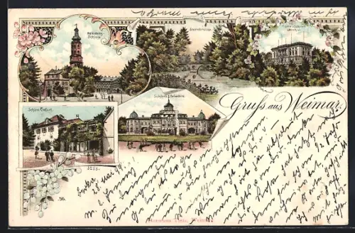 Lithographie Weimar / Thüringen, Residenzschloss, Schloss Belvedere, Schloss Tiefurt