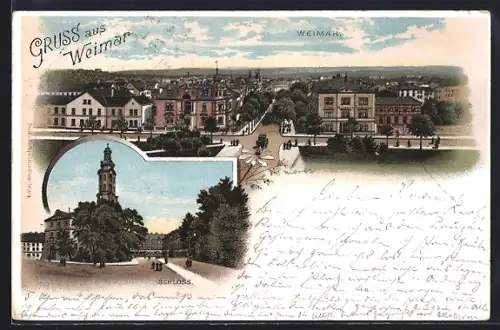 Lithographie Weimar / Thüringen, Ortsansicht mit Schloss