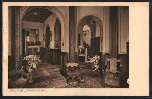 AK Düsseldorf, Hotel Schloss Burg Gebr. Schöpwinkel, Teilansicht Vestibül