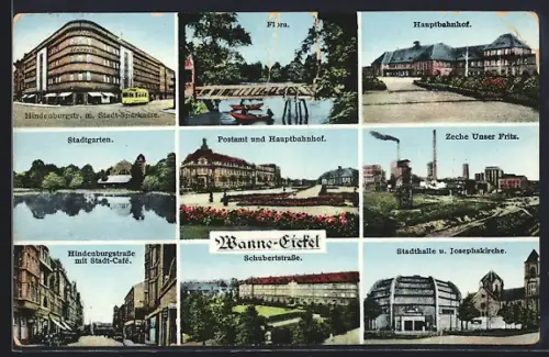 AK Wanne-Eickel, Hindenburgstrasse mit Stadtsparkasse, Hauptbahnhof, Zeche Unser Fritz, Schubertstrasse