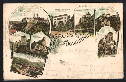 Vorläufer-Lithographie Inzigkofen, 1894, Schloss Sigmaringen, Schloss Inzighofen, Schloss Werwaag, Wildenstein