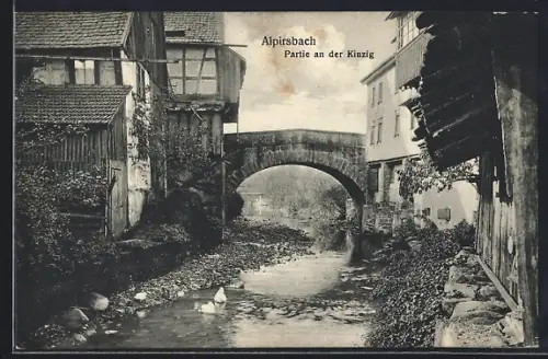 AK Alpirsbach, Kinzigpartie mit Brücke u. Fachwerkhäusern