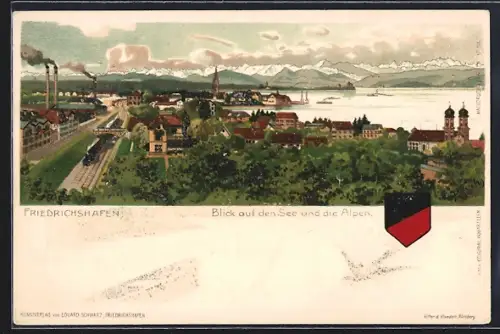 Künstler-AK Friedrichshafen, Blick auf See und die Alpen, Bahnlinie