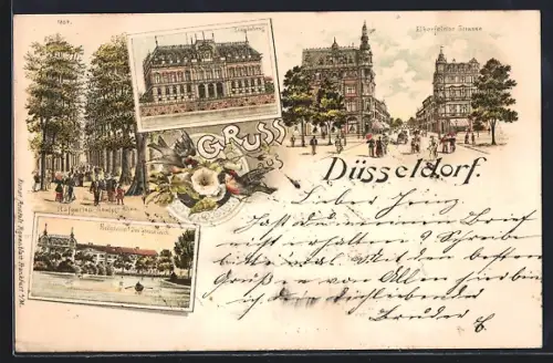Lithographie Düsseldorf, Elberfelder Strasse, Ständehaus, Hofgarten-Seufzer Allee, Hofgarten-Der grosse Teich