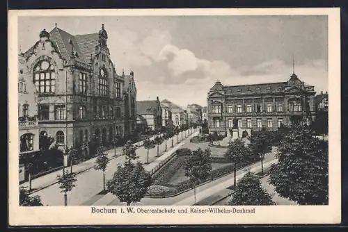 AK Bochum i. W., Oberrealschule und Kaiser-Wilhelm-Denkmalanlage mit Strasse aus der Vogelschau