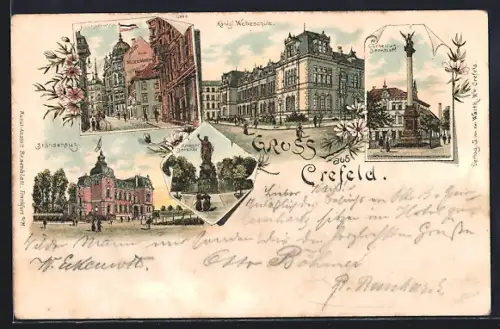 Vorläufer-Lithographie Crefeld, Hochstrasse mit Hotel Zum wilden Mann F. Gobrecht, Kgl. Webeschule, Cornelius-Denkmal