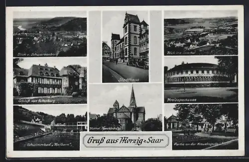 AK Merzig /Saar, Ortsansicht, Stadthaus, Schwimmbad Heilborn